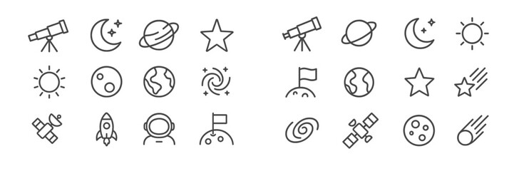 Aufkleber - Creative space-themed icons featuring telescopes, planets, and celestial bodies in a minimalist design