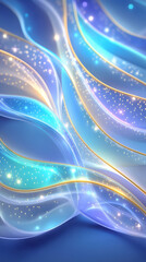 Fototapete - Flowing abstract waves in shades of blue and gold create a vibrant, enchanting atmosphere. Soft glow enhances depth with a magical quality. Concept of graphic design, digital art, branding