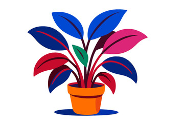 Poster - Colorful modern plant illustration in a terracotta pot with vibrant leaves displayed indoors