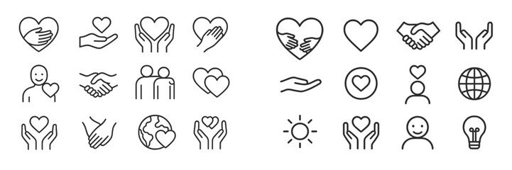 Poster - Symbols of care and connection represented through simple line art designs showcasing hands and hearts in various forms