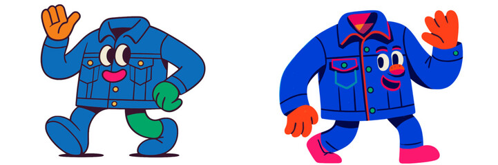 Aufkleber - Colorful cartoon characters wearing denim jackets walking in a playful manner in a vibrant, animated style during a bright daytime setting