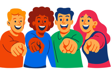 Poster - Colorful group of friends laughing and pointing at each other in a cheerful atmosphere during an outdoor gathering in a park