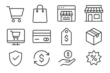 Aufkleber - Shopping icons representing various retail activities and transactions in a minimalistic style for e-commerce use