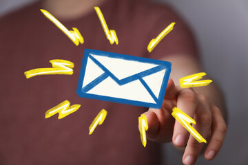 Poster - Person's finger interacts with a digital email icon, symbolizing email notification or communication.