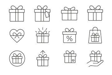 Poster - Gift icons in various styles and designs showcasing presents with bows, tags, and decorations for celebrations and special occasions