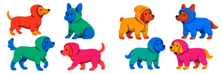 Poster - Colorful cartoon dogs wearing hooded outfits in playful poses in a vibrant illustration