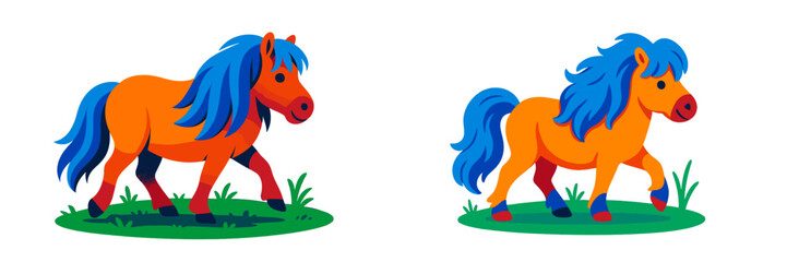 Poster - Colorful cartoon ponies walking on green grass in a cheerful landscape during daytime
