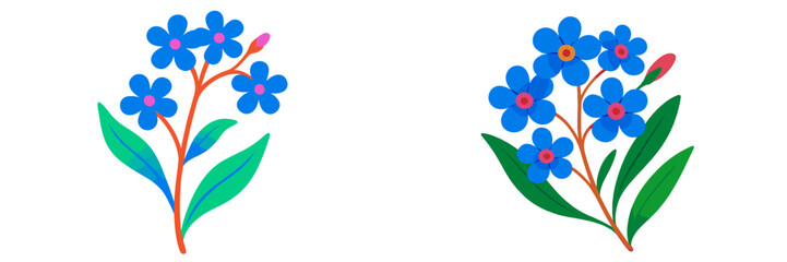 Aufkleber - Colorful blue flowers with green leaves displayed in a bright design, perfect for spring or summer themes in decorative art