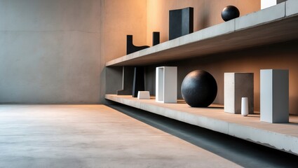 Poster - a perspective of a concrete floor or shelf utilized for display purposes.
