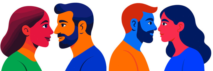Fototapete - Colorful representation of two couples facing each other in a vibrant and playful style reflecting emotions and connection