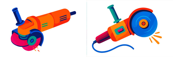 Poster - Colorful digital illustrations of power tools used for cutting and grinding in workshop settings