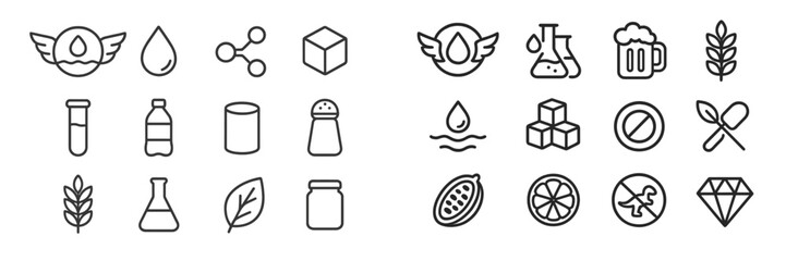Aufkleber - Collection of minimalist line icons representing various concepts related to science, food, and nature in a modern design layout