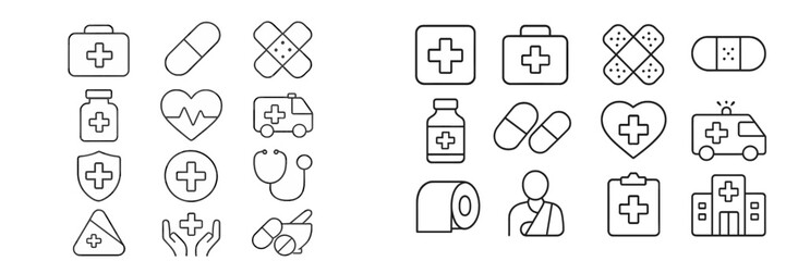 Aufkleber - Various medical and healthcare symbols illustrating first aid, emergency services, and healthcare professionals in a clear design