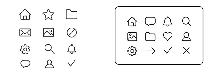 Aufkleber - Icon grid layout showing various user interface symbols for navigation and interaction in a digital application
