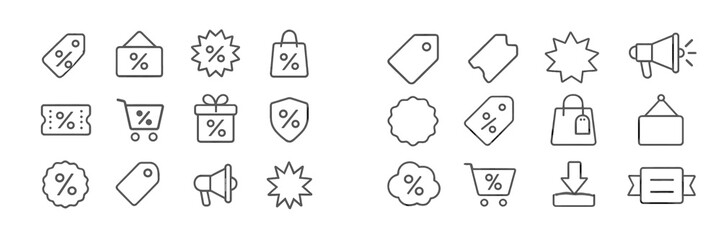 Aufkleber - Collection of simple line icons representing discounts, promotions, and shopping activities for marketing use