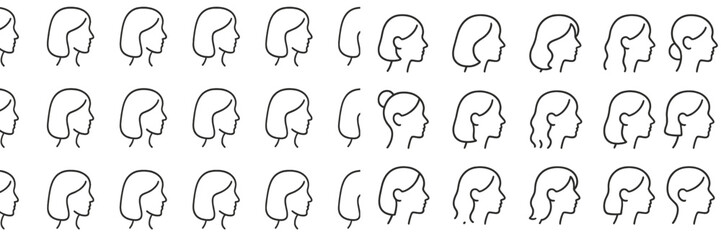 Aufkleber - Diverse hairstyles illustrated through simple outlines of women's profiles in a seamless pattern