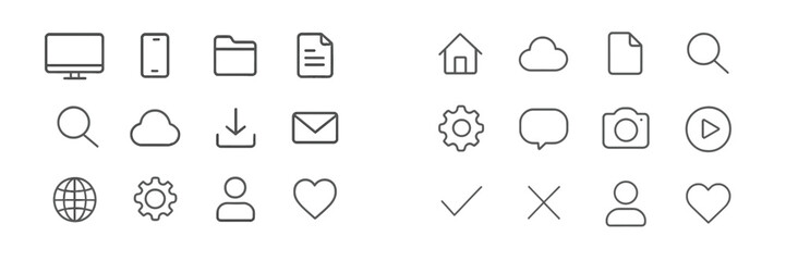 Aufkleber - Collection of simple line icons representing technology, communication, and home concepts placed on a light background