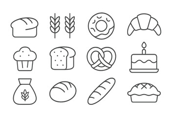 Poster - Bakery collection of various baked goods including bread, pastries, and dessert items in a simple line art design