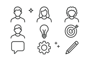 Poster - Diverse group of people and symbols representing creativity, communication, and targets in a simple design style