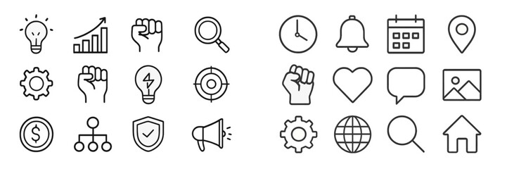 Poster - Icons representing various concepts such as growth, communication, and productivity in a minimalist design style