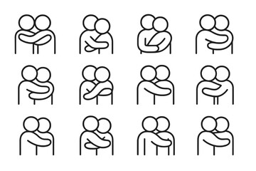 Poster - Various representations of hugging with simplistic figures in a uniform grid layout highlighting affection and connection
