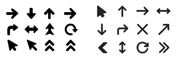 Fototapete - Variety of black arrows and directional symbols on a white background for navigation and guidance purposes