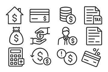 Aufkleber - Financial concepts and symbols representing money management and taxation in a simple line art style