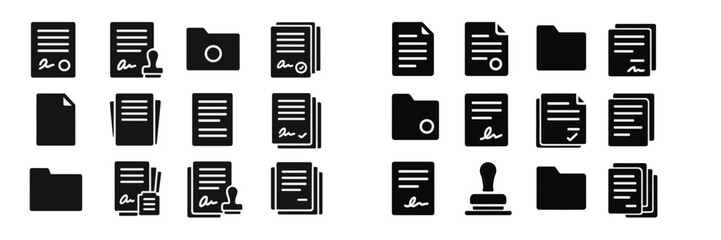Poster - Collection of black and white document icons showcasing various office supplies and paperwork organization techniques