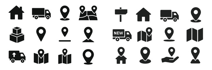 Leinwandbilder - Collection of location and delivery icons featuring houses, trucks, maps, and various markers for navigation and transport