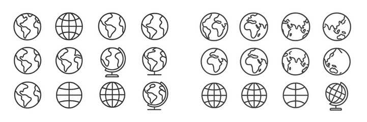 Leinwandbilder - Collection of simple line drawings depicting globes and maps in various styles and orientations on a white background