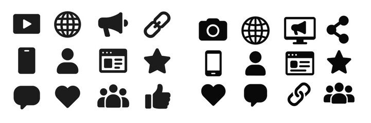 Fototapete - Collection of black icons representing communication, social media, and digital interactions on a white background
