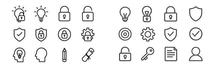 Aufkleber - Collection of simple line icons representing security, creativity, and strategy in a modern design style