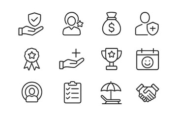 Poster - Icon set illustrating various aspects of finance, teamwork, and achievement during a business meeting