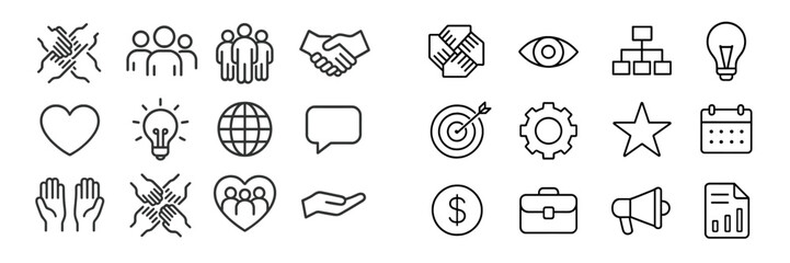 Aufkleber - Various hand-drawn icons representing teamwork, ideas, communication, and success in a minimalist style