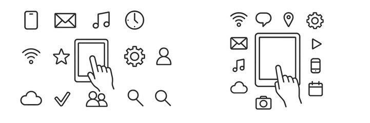Aufkleber - Illustrations of digital device interaction with various icons representing connectivity, apps, and communication methods