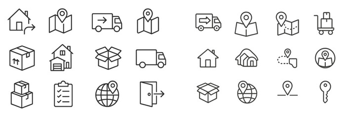 Poster - Various transportation and logistics icons representing delivery, location tracking, and moving services in a modern design