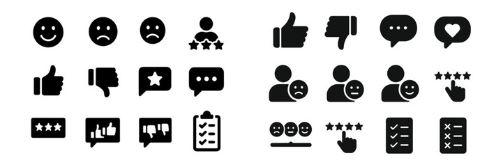 Aufkleber - Various simple black icons representing emotions, ratings, and communication in flat design style for user feedback components