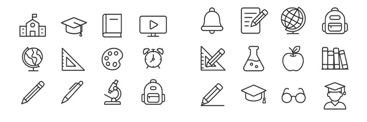 Poster - Variety of educational icons representing different subjects and tools for learning in a simple line art style
