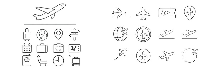 Poster - Collection of travel-related icons illustrating various aspects of air travel and adventure preparation