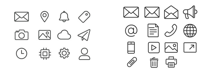 Leinwandbilder - Collection of simple line icons depicting communication, technology, and social media concepts for modern digital interaction