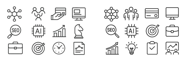 Leinwandbilder - Collection of business and technology icons highlighting data analysis and digital marketing concepts in a linear style