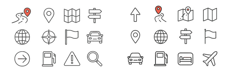 Leinwandbilder - Travel symbols and icons representing navigation, roads, and destinations in a modern design