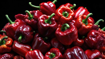 Poster - Against a pitch-black background, a cluster of juicy, red peppers drifts.