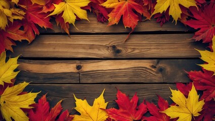 Wall Mural - Autumn maple leaves surround a wooden background providing space for text.