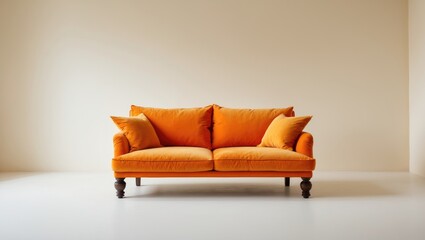 Poster - An orange couch with cushions, supported by wooden legs, is displayed solo against a white background.