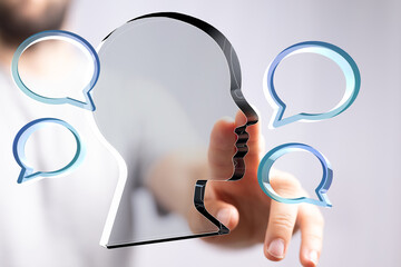Poster - Abstract image of person interacting with digital speech bubbles, representing communication and connection.