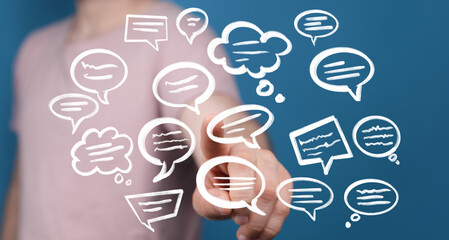 Poster - Hand pointing at virtual speech bubbles,communication concept.