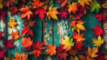 Wall Mural - Autumn maple leaves laying on an old green wooden background with space for text