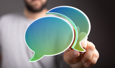 Poster - Abstract image of a person interacting with digital speech bubbles, representing communication and technology.