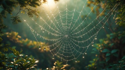 Wall Mural - A close-up shot of a spider web shining with dew drops set against a dark, blurry background.